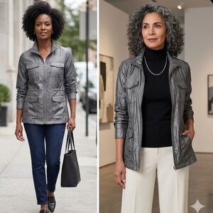 Chico’s Size 0 Small Gunmetal Gray Crinkle Utility Jacket Full Zip Pockets